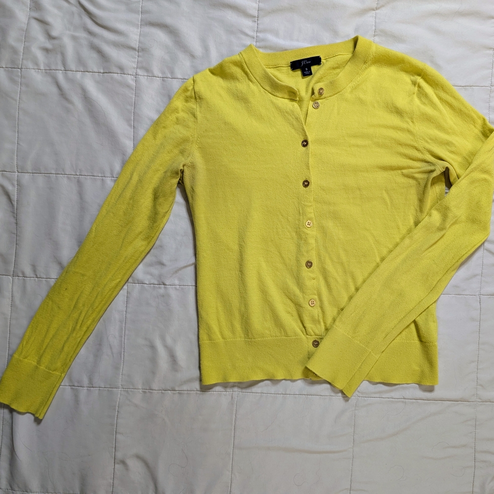 J.Crew Yellow Cotton Cardigan Sweater Gold Buttons Preppy